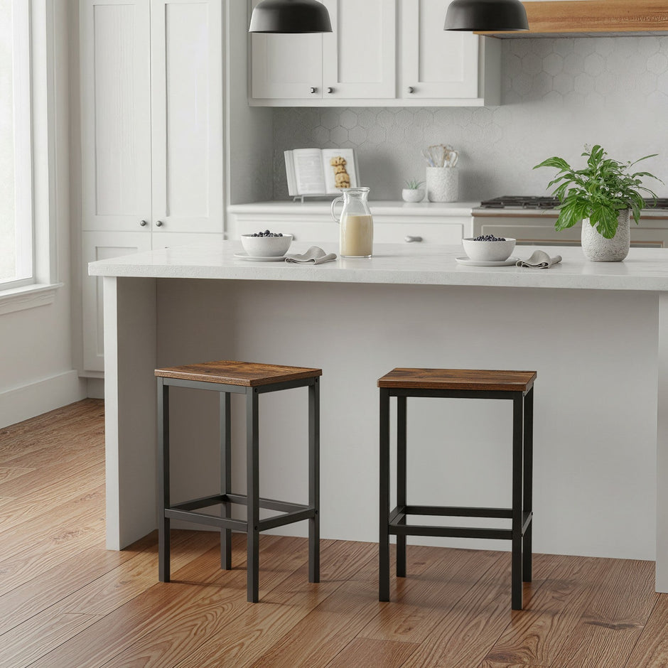 Set of 2 Bar Stools – Wood and Metal – Rustic Brown – Footrest Included