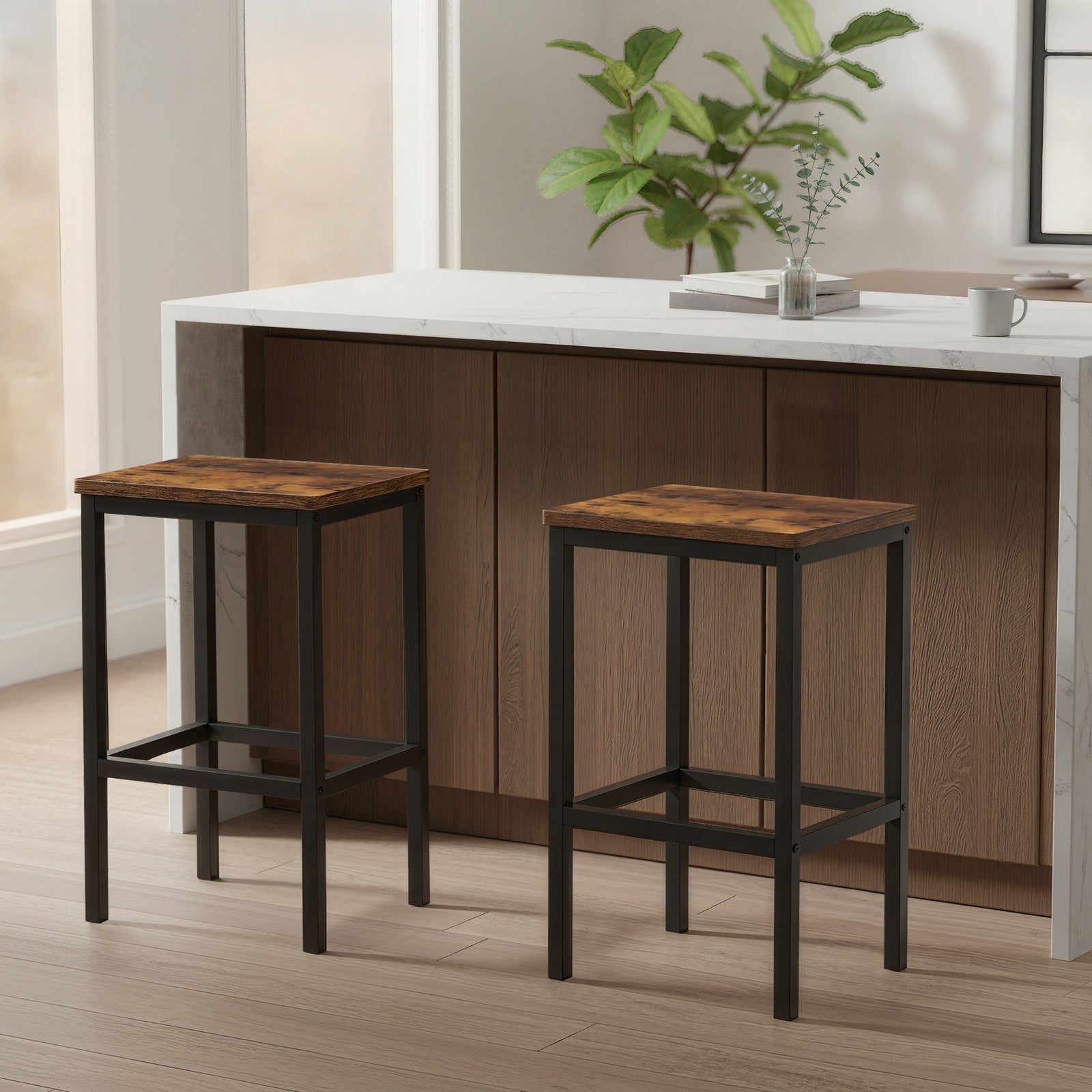 Set of 2 Bar Stools – Wood and Metal – Rustic Brown – Footrest Included