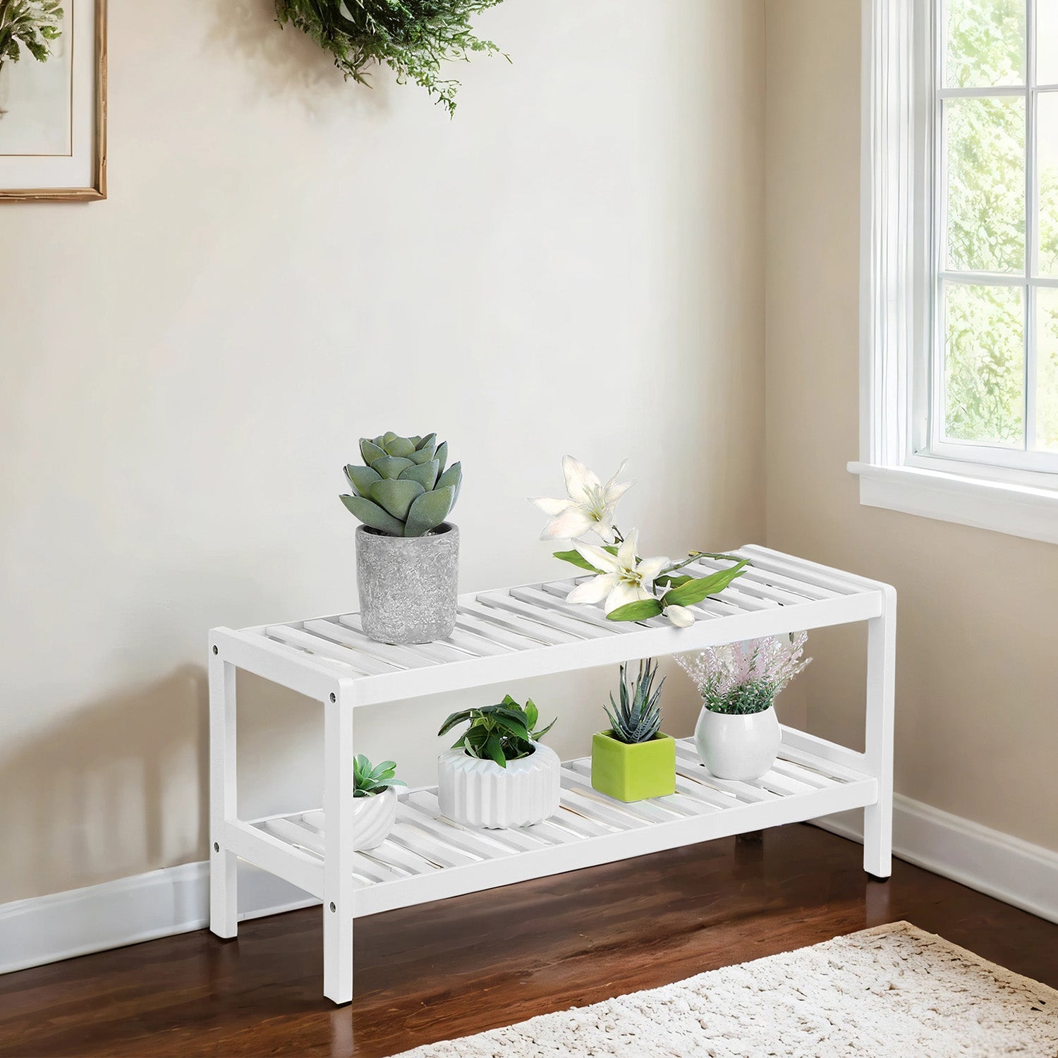 2-Tier Bamboo Shoe Rack – Natural – Multi-Functional Storage Shelf for Shoes, Plants, and Books