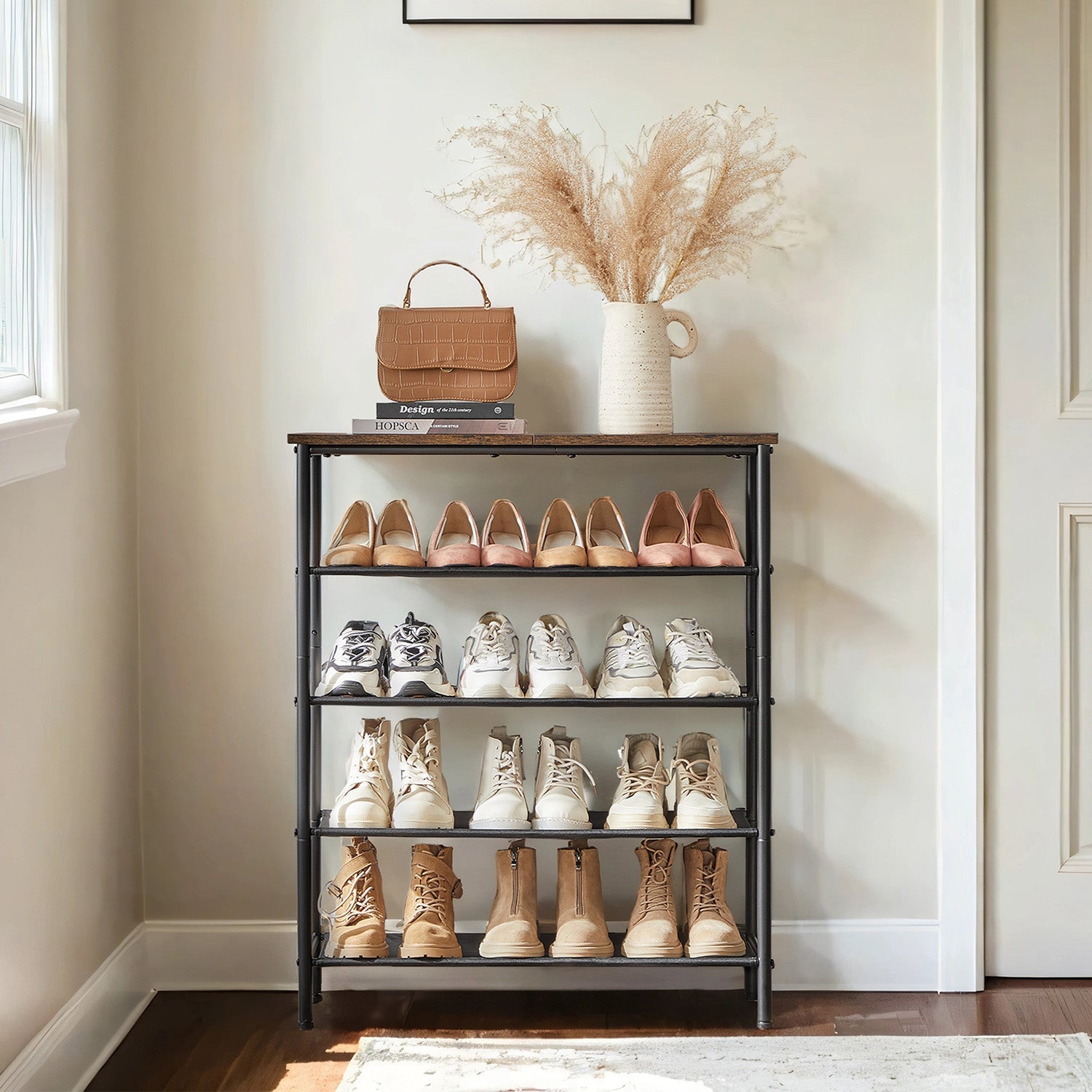 5-Tier Shoe Rack – Steel Frame – Rustic Brown and Black – Narrow Design with 3 Fabric Shelves and Top Storage