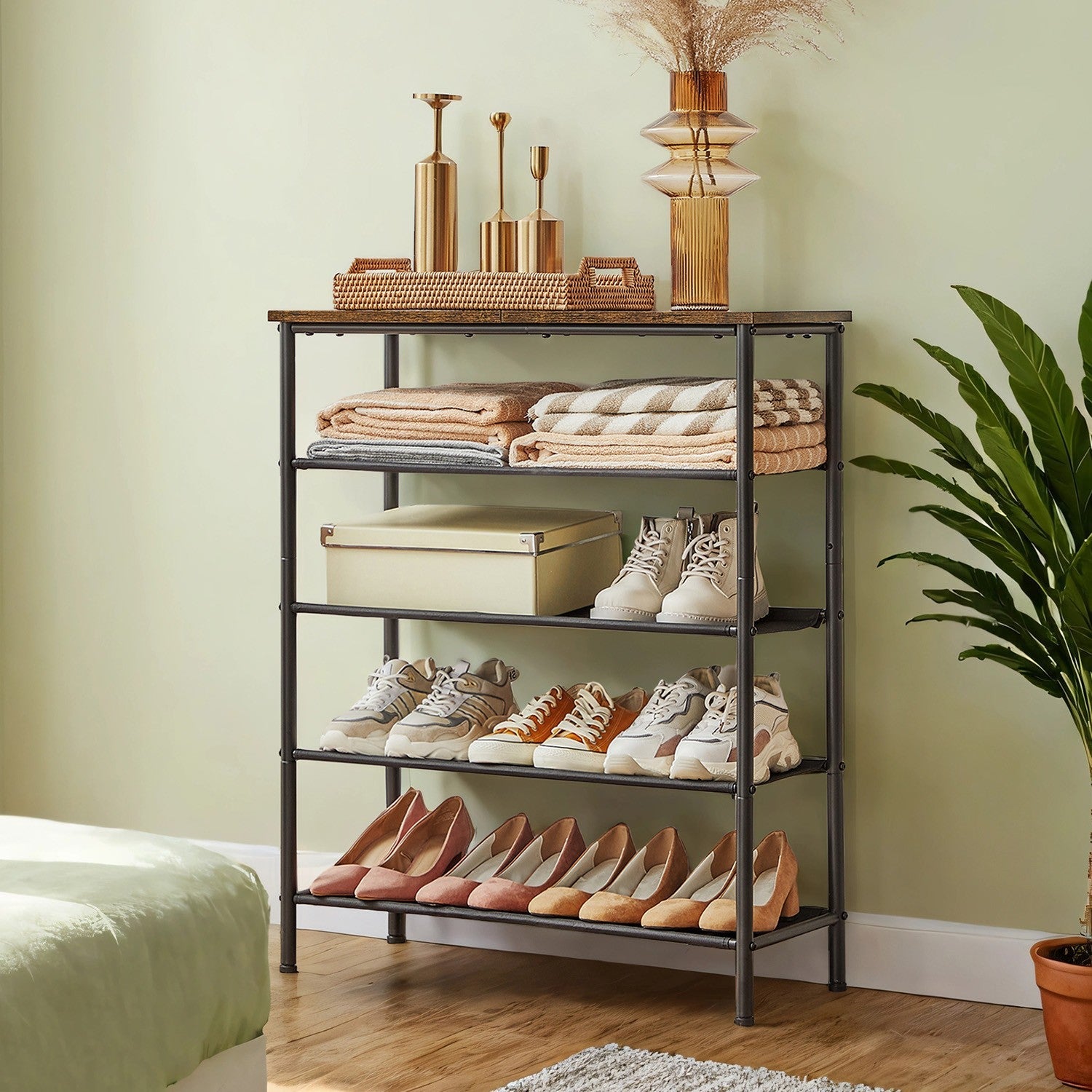 5-Tier Shoe Rack – Steel Frame – Rustic Brown and Black – Narrow Design with 3 Fabric Shelves and Top Storage