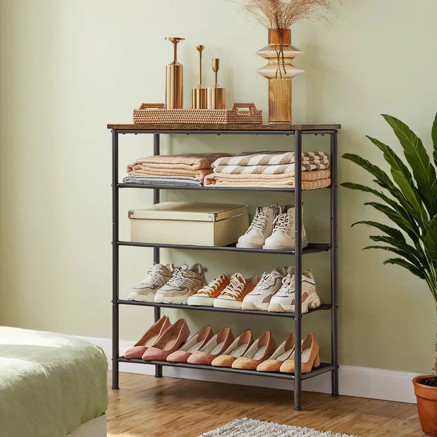 5-Tier Shoe Rack – Steel Frame – Rustic Brown and Black – Narrow Design with 3 Fabric Shelves and Top Storage
