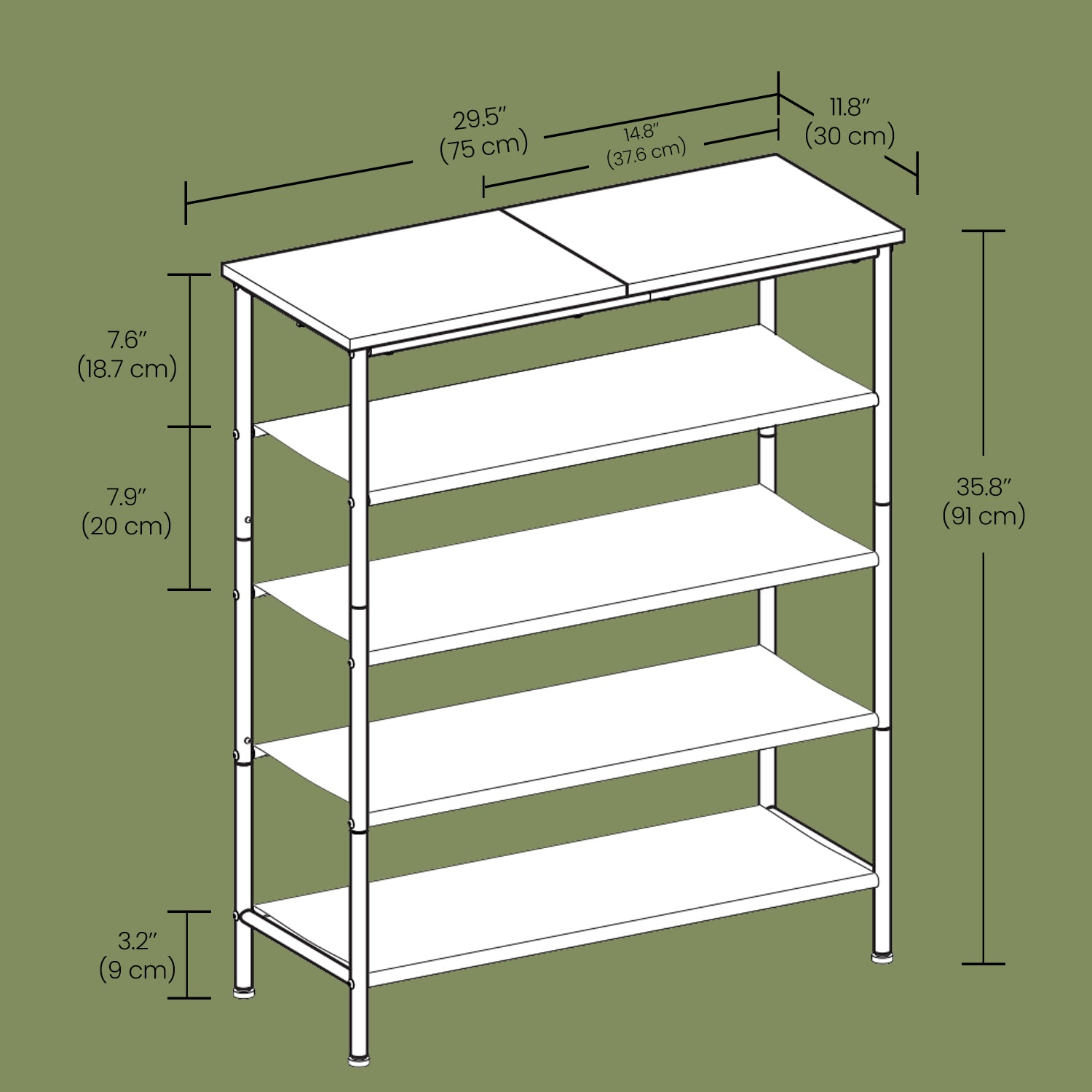 5-Tier Shoe Rack – Steel Frame – Rustic Brown and Black – Narrow Design with 3 Fabric Shelves and Top Storage