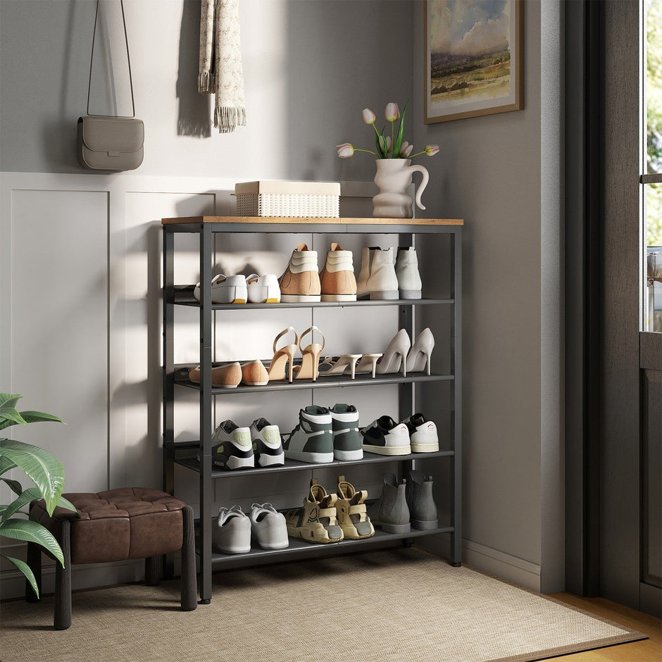 5-Tier Shoe Rack – Steel – Rustic Brown and Ink Black – Freestanding with Storage Shelves and Top