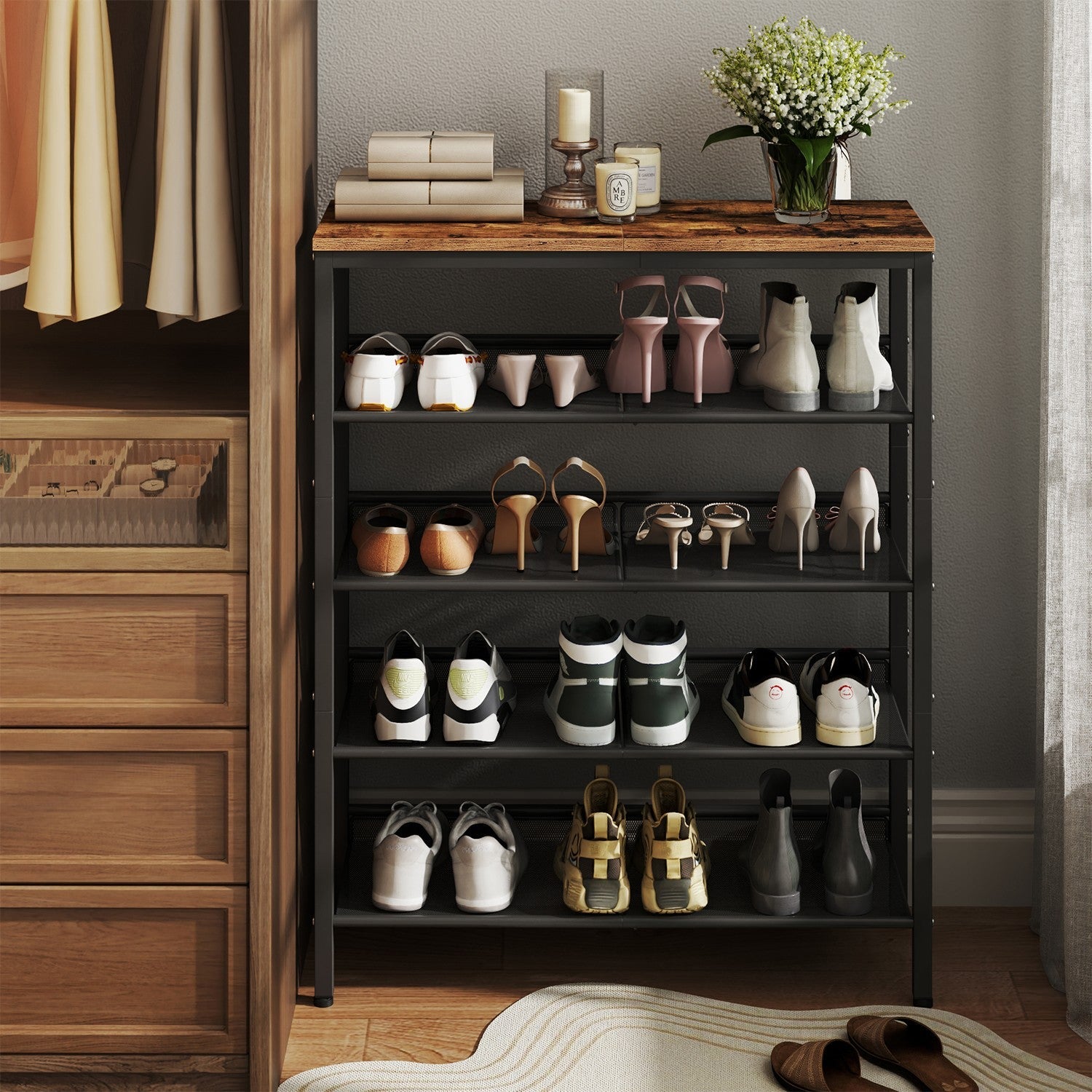 5-Tier Shoe Rack – Steel – Rustic Brown and Ink Black – Freestanding with Storage Shelves and Top