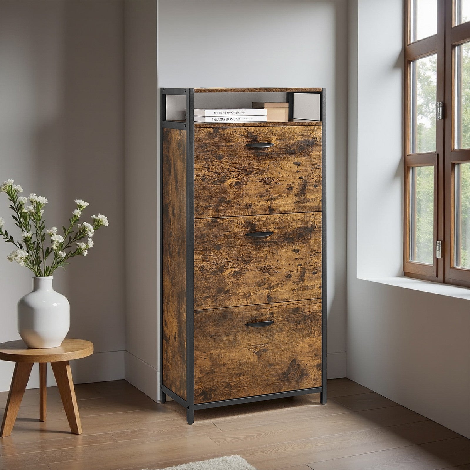 Shoe Storage Cabinet – Wood – Rustic Brown and Black – Adjustable and Removable Dividers, Holds 15-18 Pairs