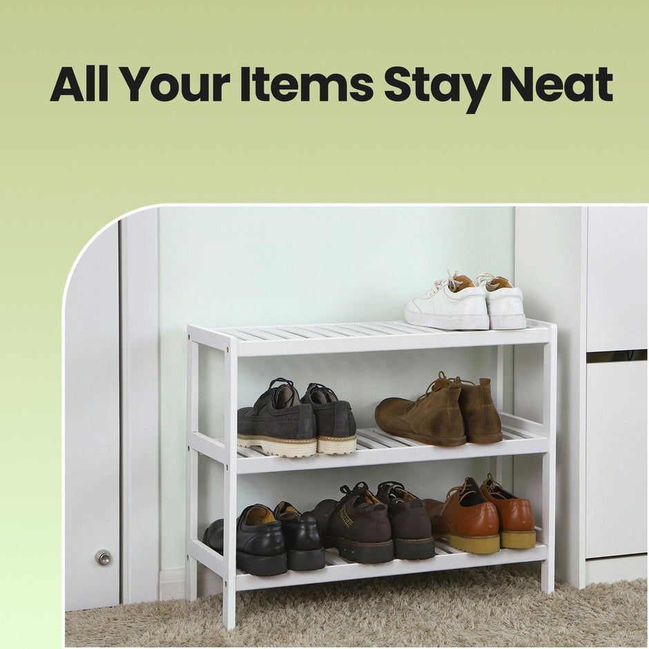 3-Tier Shoe Rack – Bamboo – White – Ideal for Entryway and Bathroom