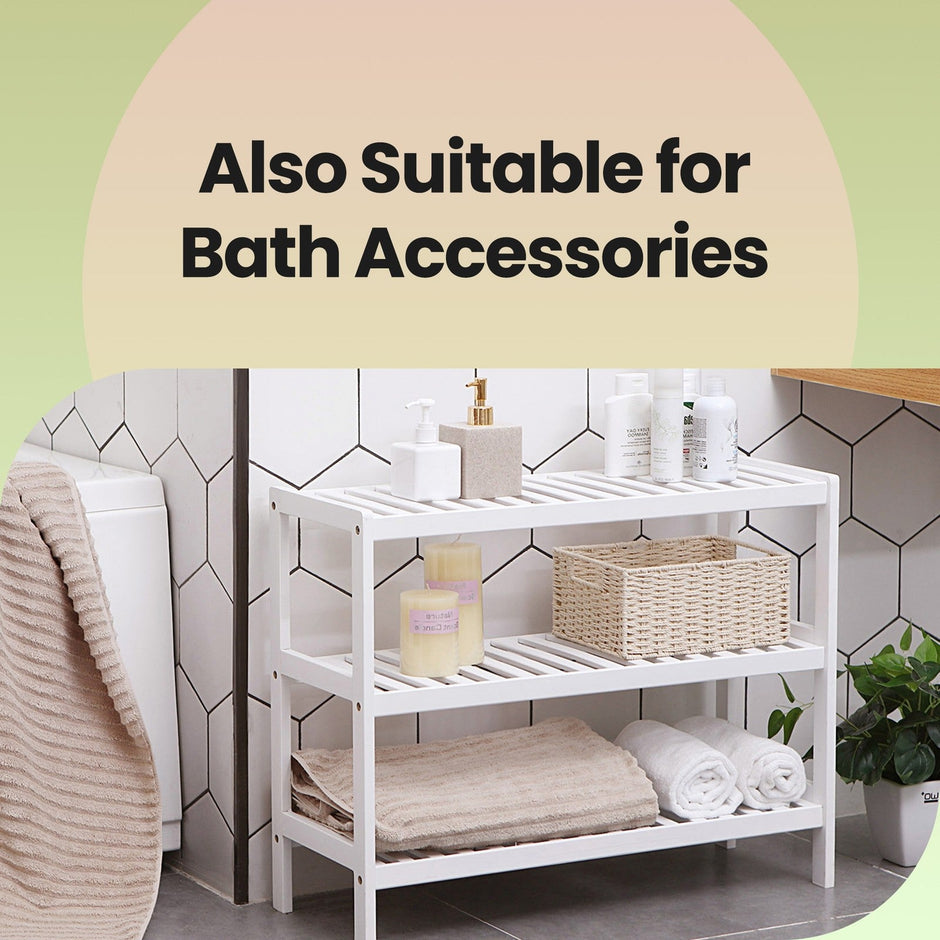 3-Tier Shoe Rack – Bamboo – White – Ideal for Entryway and Bathroom