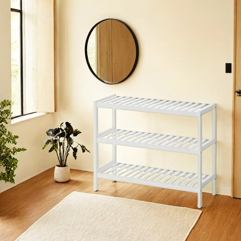 3-Tier Shoe Rack – Bamboo – White – Ideal for Entryway and Bathroom