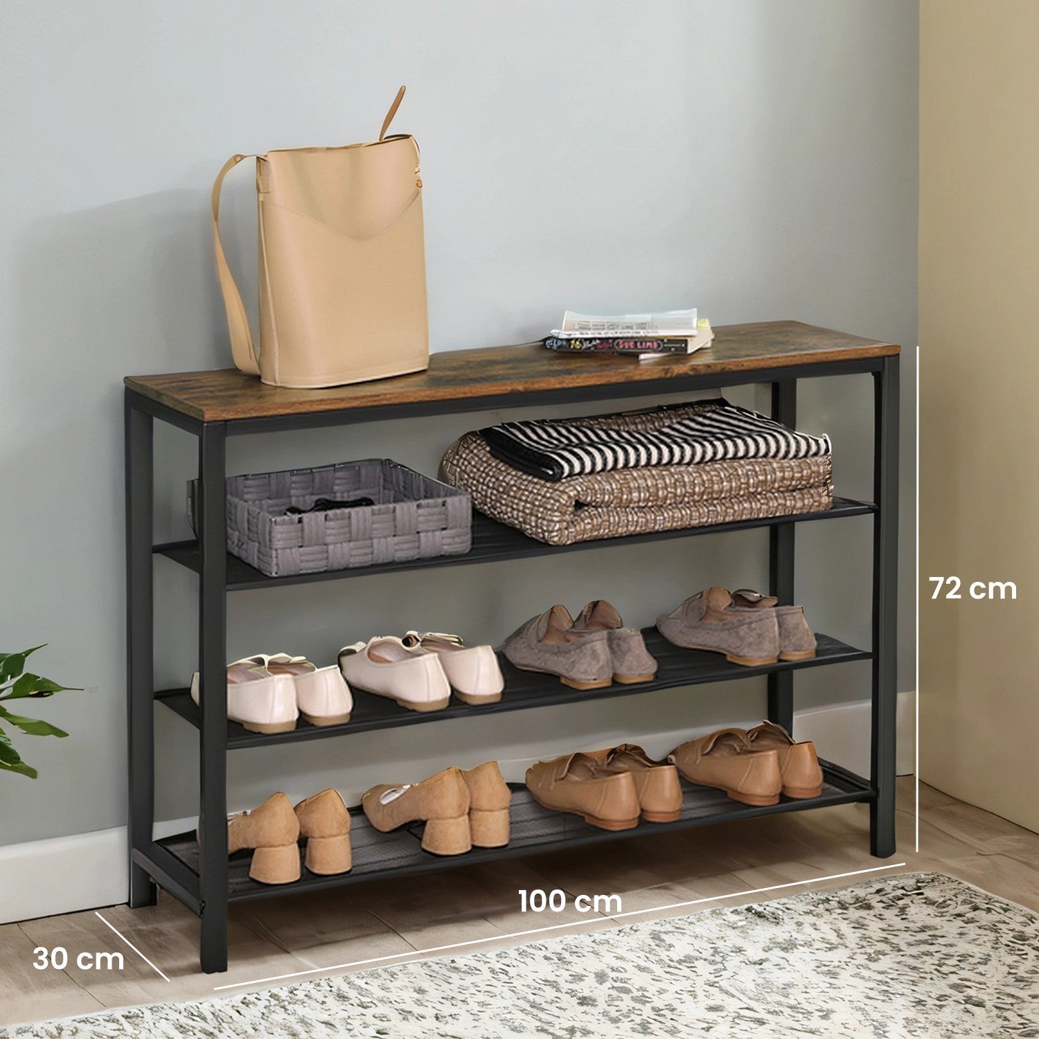 4-Tier Shoe Organizer – Wood and Metal – Rustic Brown and Black – Industrial Style