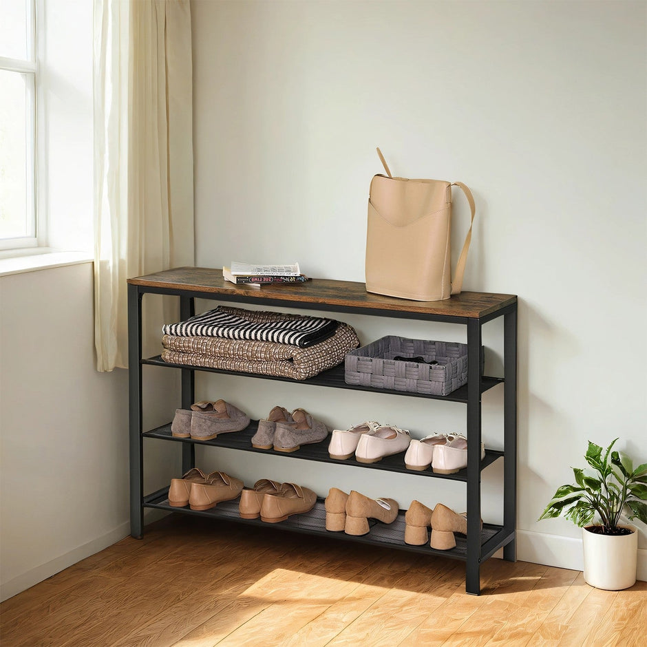 4-Tier Shoe Organizer – Wood and Metal – Rustic Brown and Black – Industrial Style