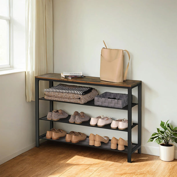 4-Tier Shoe Organizer – Wood and Metal – Rustic Brown and Black – Industrial Style