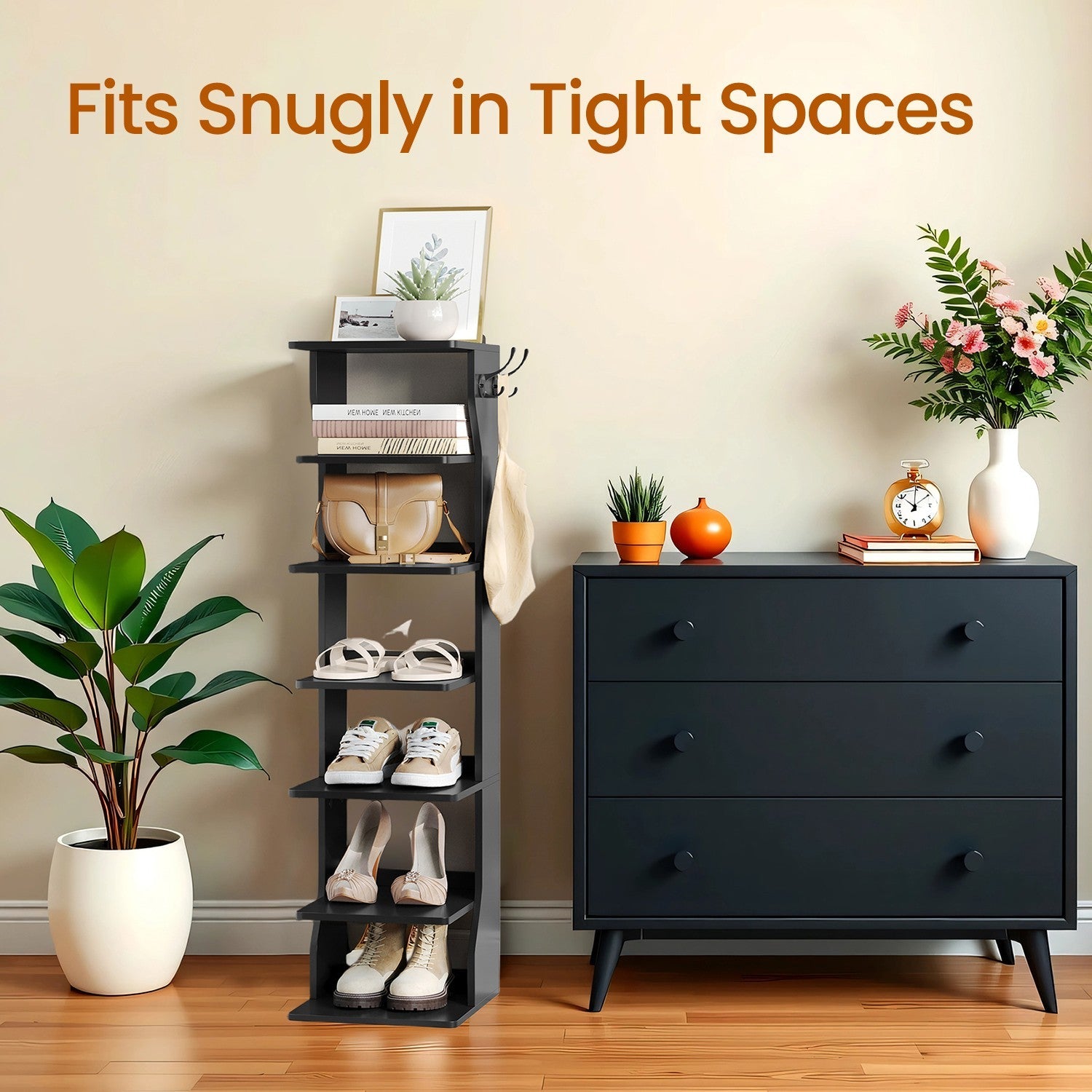 7-Tier Shoe Rack – Metal – Black – Slim Corner Design with Hooks