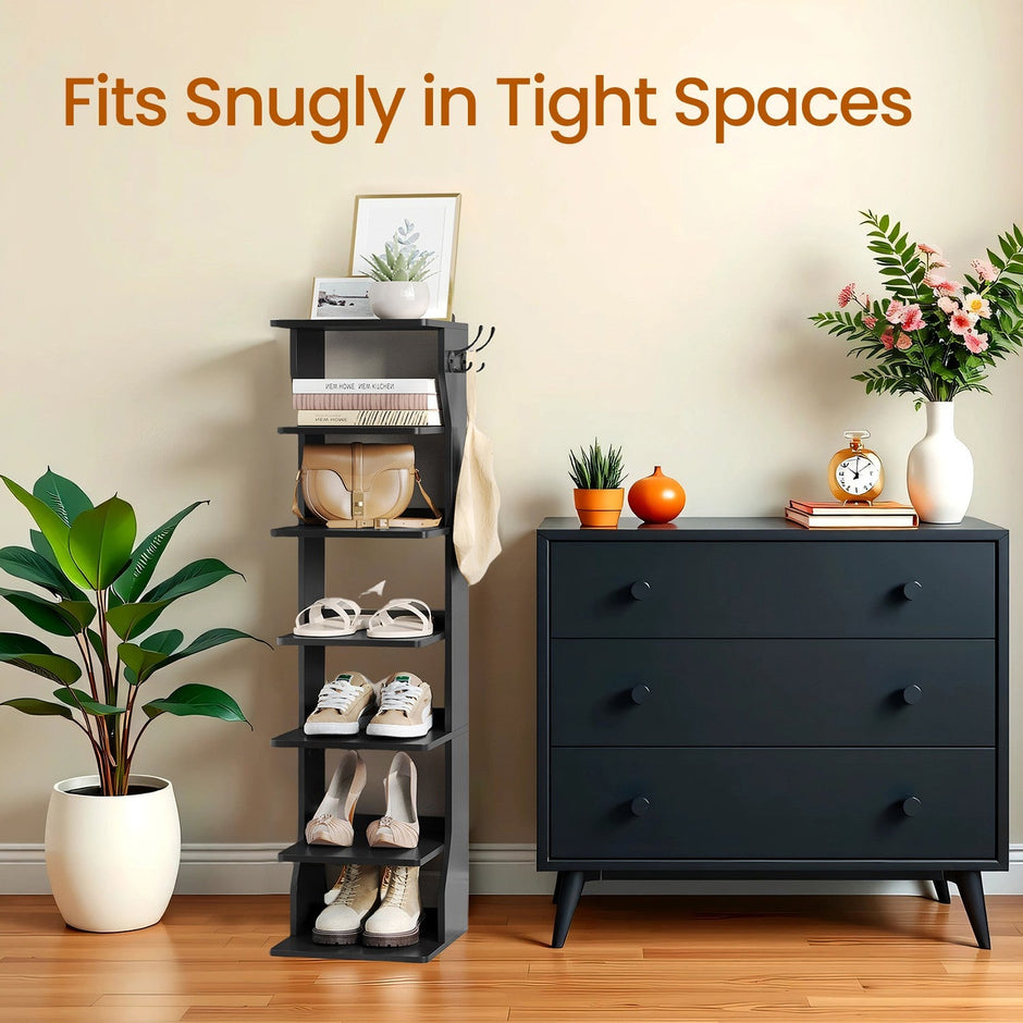 7-Tier Shoe Rack – Metal – Black – Slim Corner Design with Hooks