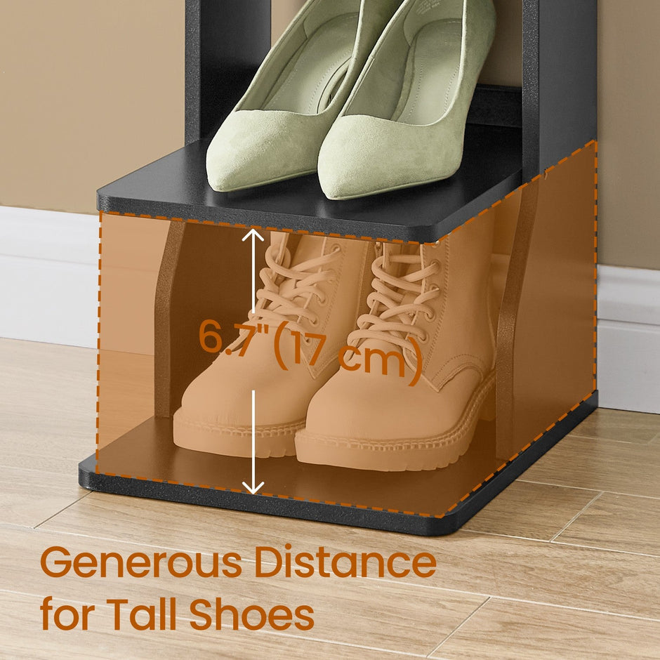 7-Tier Shoe Rack – Metal – Black – Slim Corner Design with Hooks