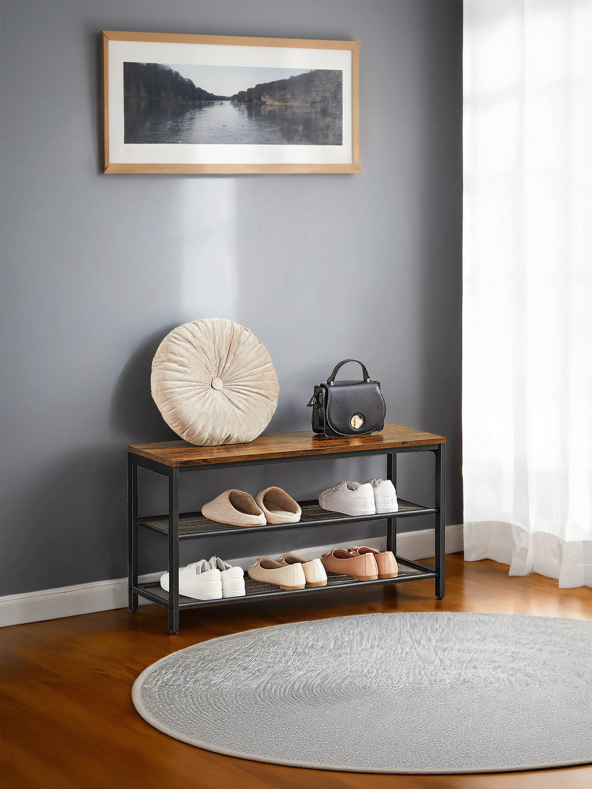 Shoe Bench – Metal – Rustic Brown – Entryway Storage with Seat and 2 Mesh Shelves