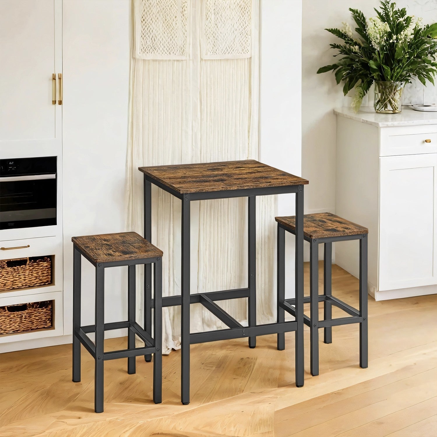 Bar Table Set – Wood and Metal – Rustic Brown and Black – Includes 2 Bar Stools