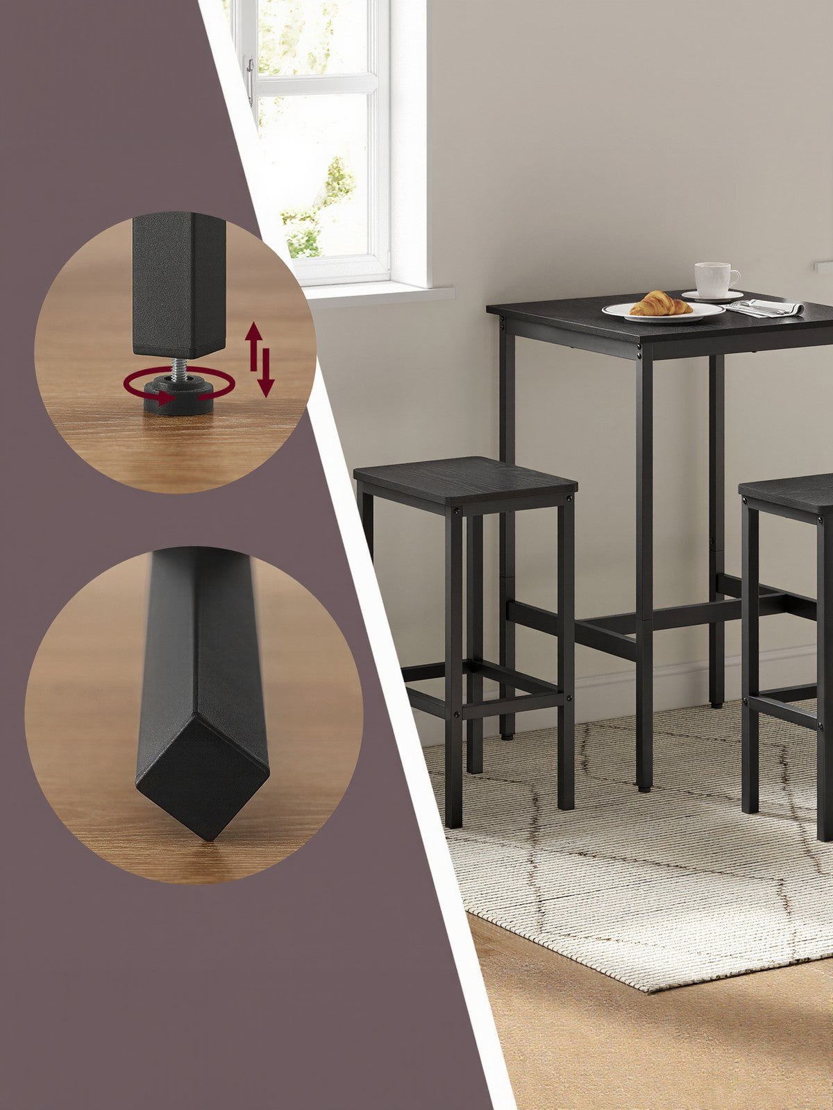 Bar Table Set – Wood and Metal – Rustic Brown and Black – Includes 2 Bar Stools