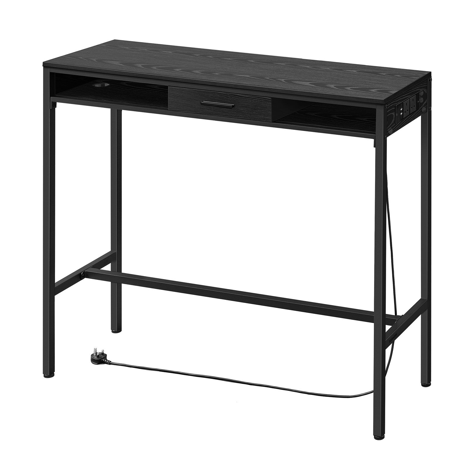 Bar Table – Wood and Non-Woven Fabric – Ebony Black – Includes Charging Station and Movable Drawer