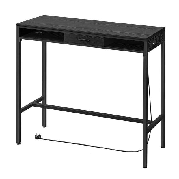 Bar Table – Wood and Non-Woven Fabric – Ebony Black – Includes Charging Station and Movable Drawer