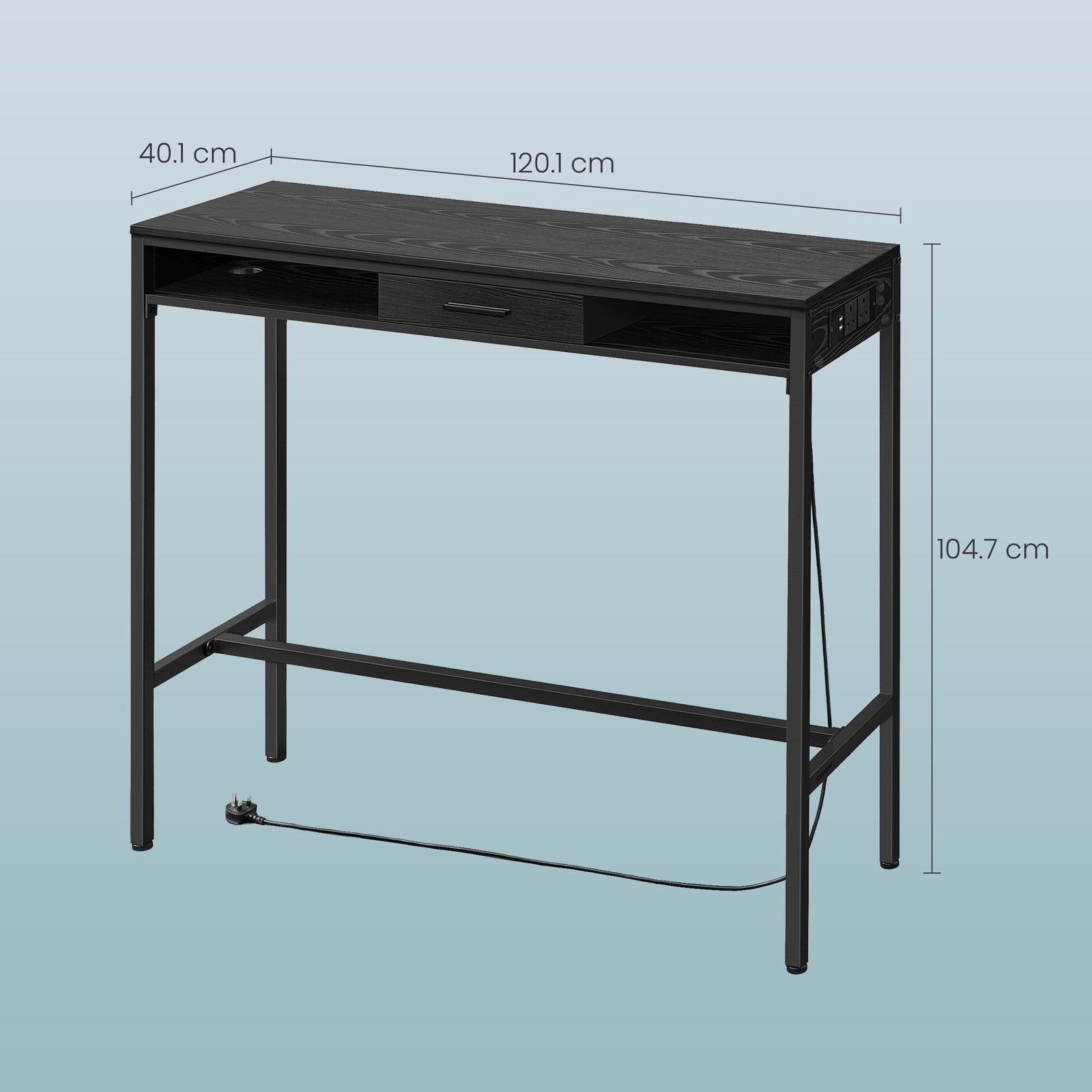 Bar Table – Wood and Non-Woven Fabric – Ebony Black – Includes Charging Station and Movable Drawer