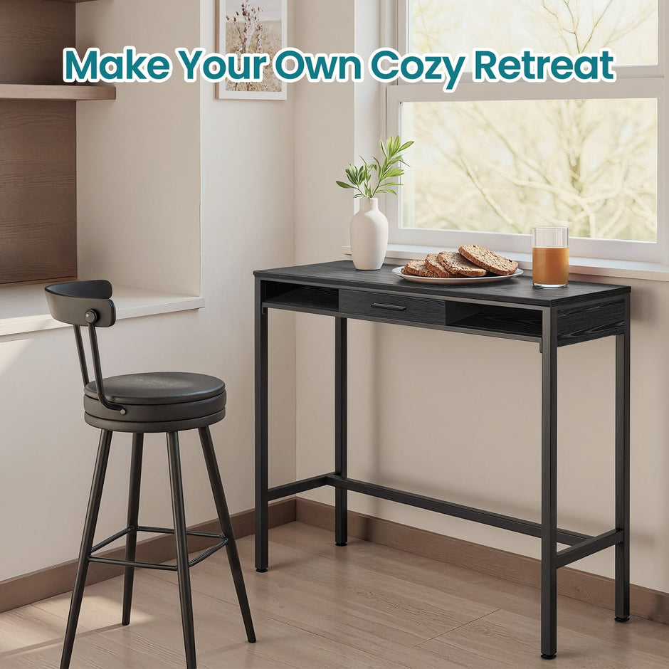 Bar Table – Wood and Non-Woven Fabric – Ebony Black – Includes Charging Station and Movable Drawer