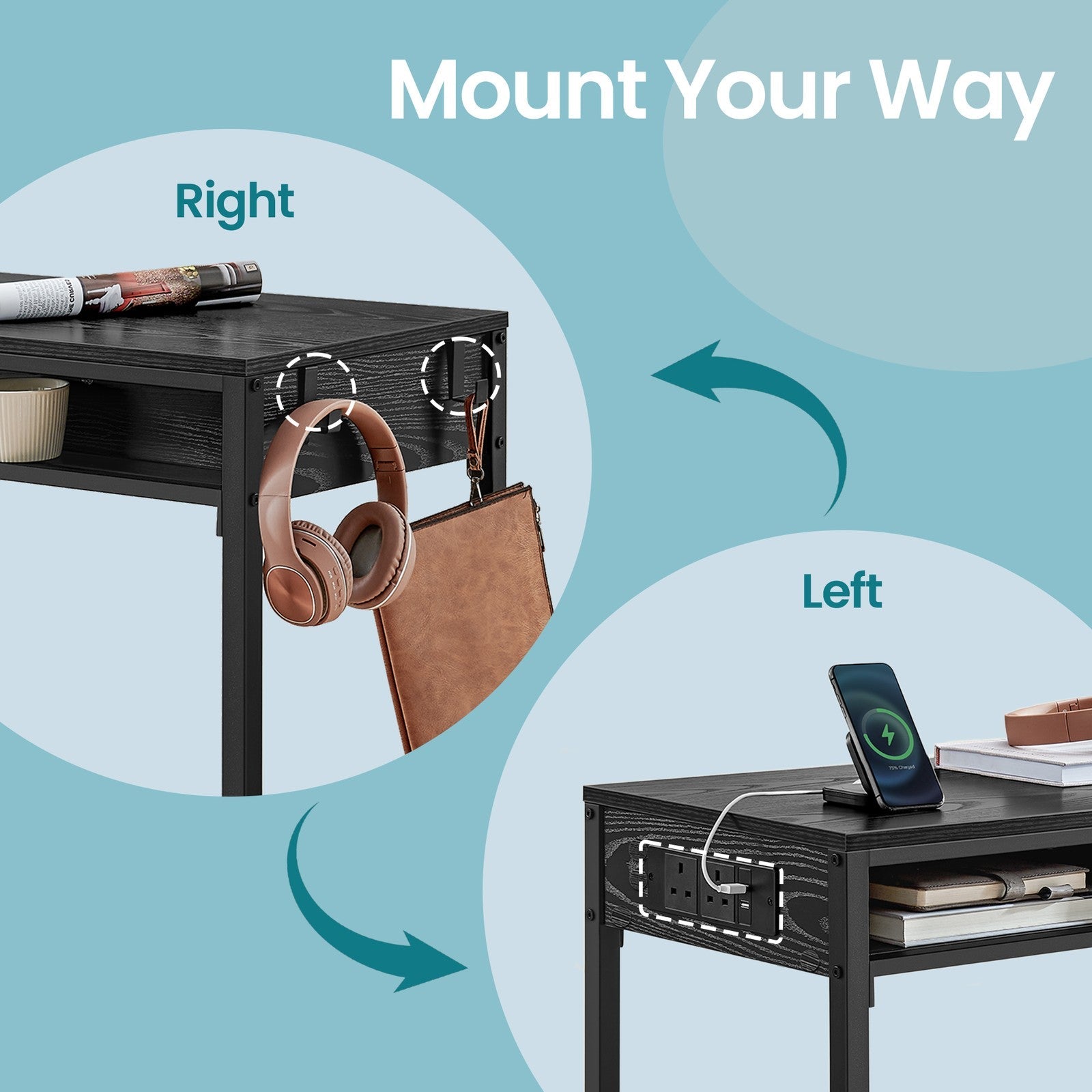 Bar Table – Wood and Non-Woven Fabric – Ebony Black – Includes Charging Station and Movable Drawer