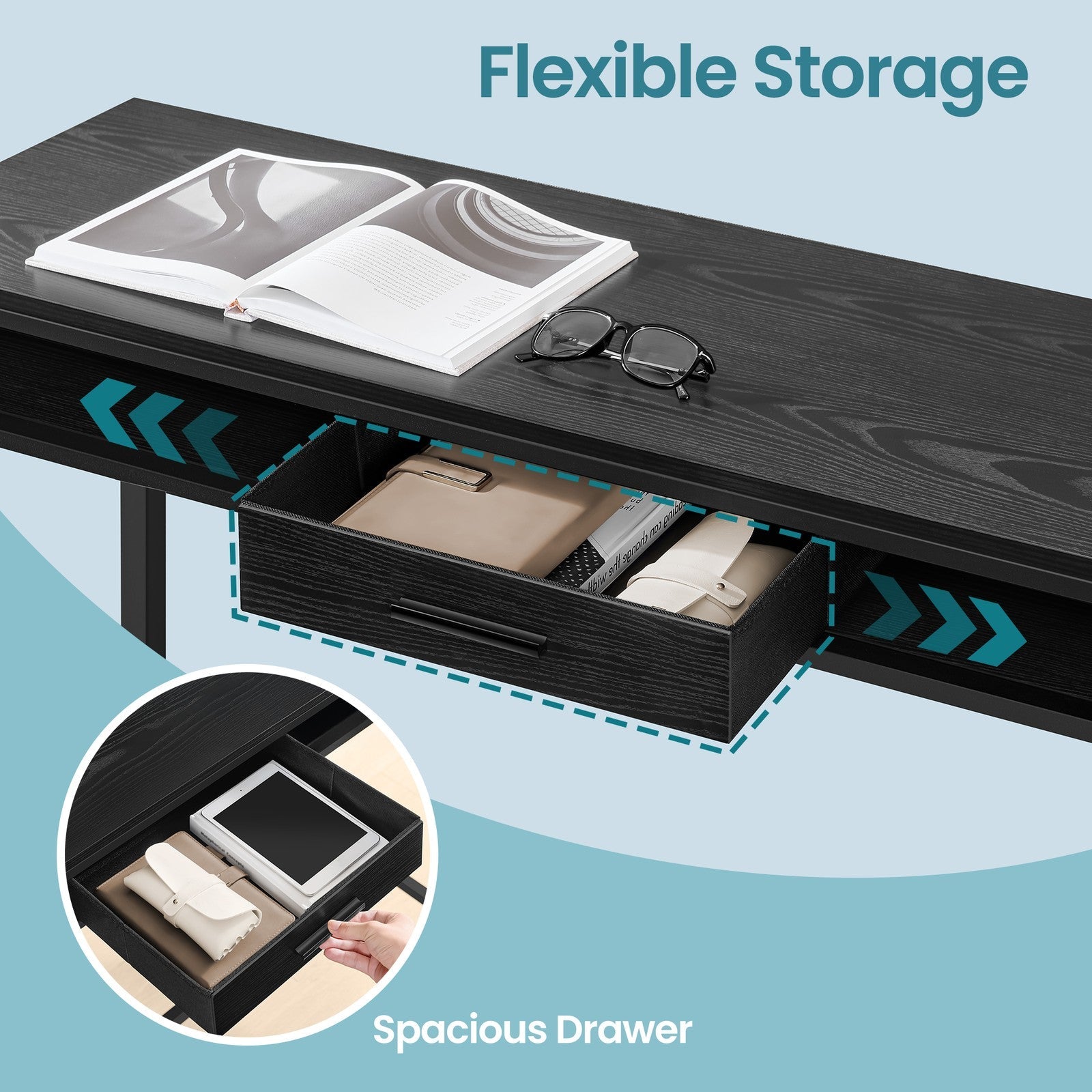 Bar Table – Wood and Non-Woven Fabric – Ebony Black – Includes Charging Station and Movable Drawer