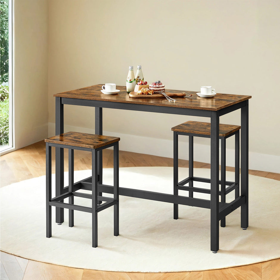 Bar Table Set – Wood – Rustic Brown – Includes 2 Stools for Kitchen and Living Room