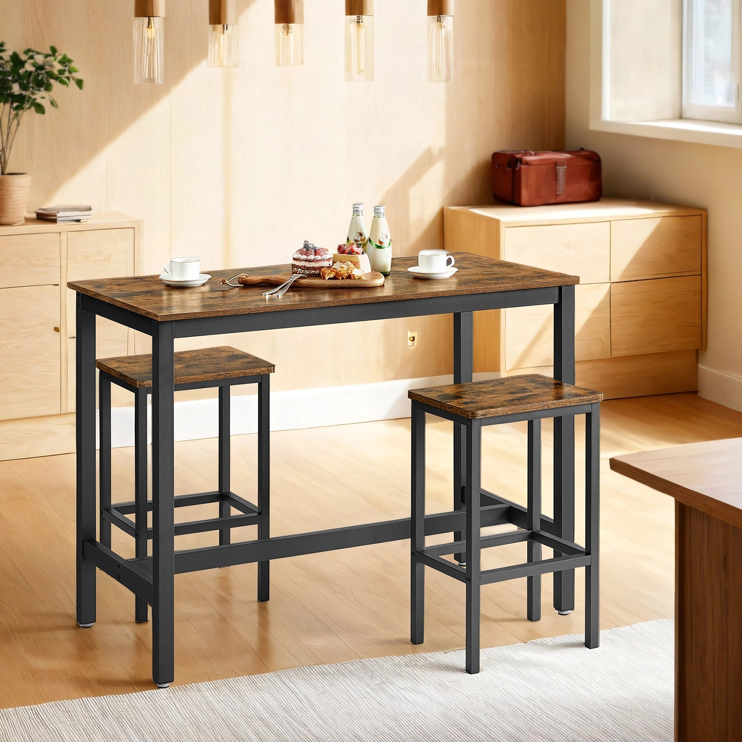Bar Table Set – Wood – Rustic Brown – Includes 2 Stools for Kitchen and Living Room