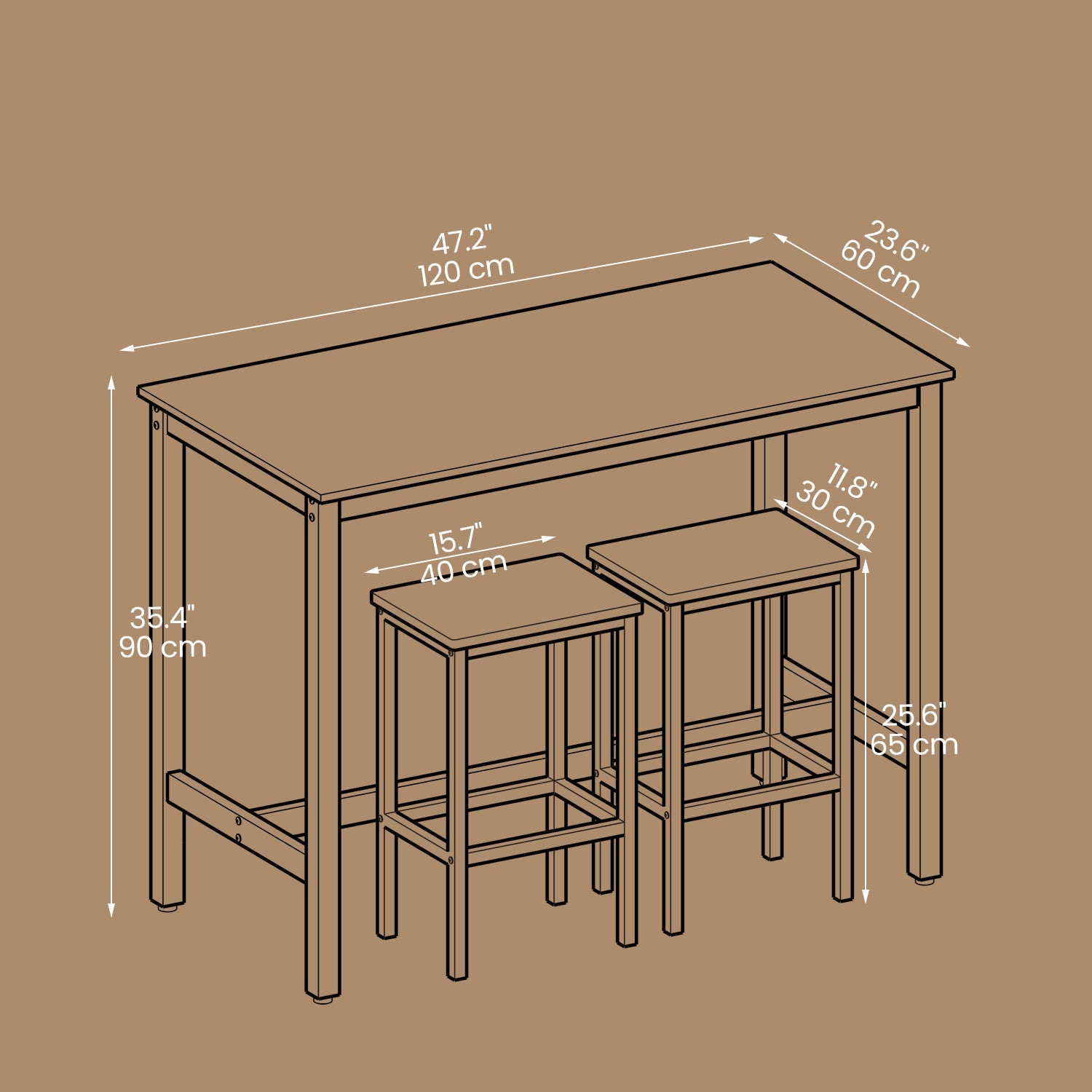 Bar Table Set – Wood – Rustic Brown – Includes 2 Stools for Kitchen and Living Room