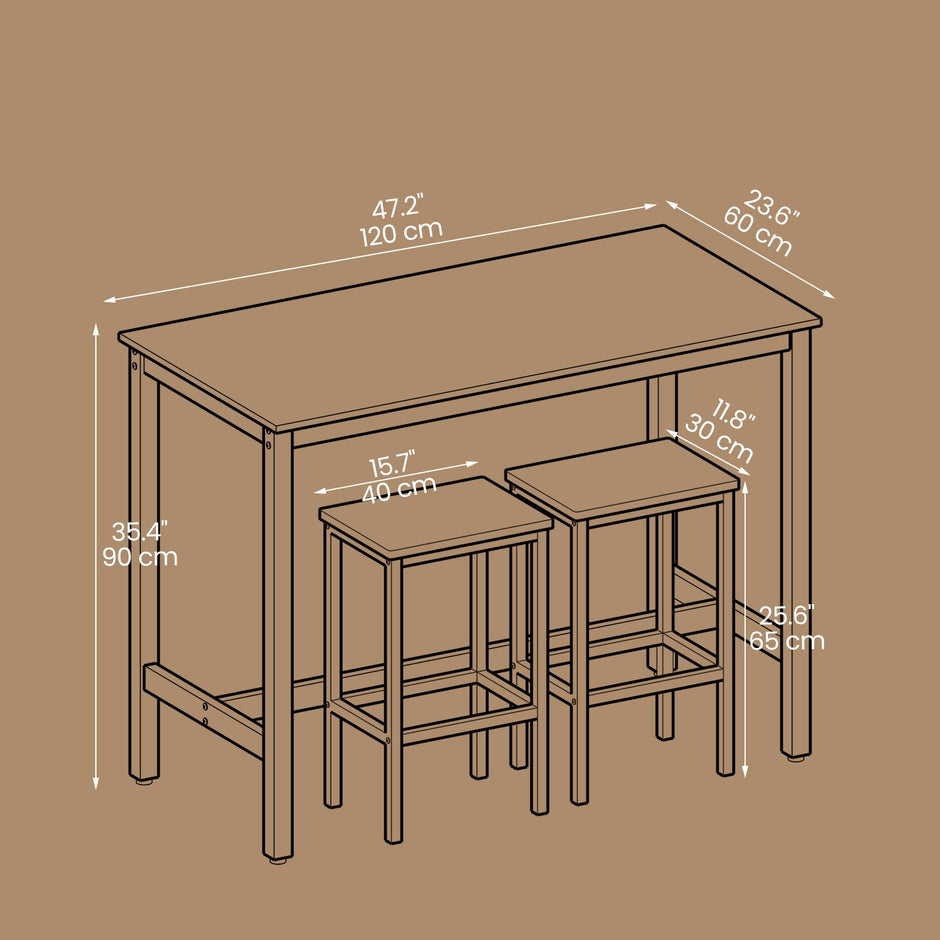 Bar Table Set – Wood – Rustic Brown – Includes 2 Stools for Kitchen and Living Room