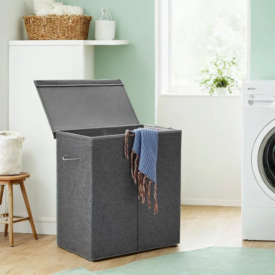 Foldable Laundry Basket – Linen Look Fabric – Dark Grey – 142L Dual-Compartment with Magnetic Lid and Removable Liner