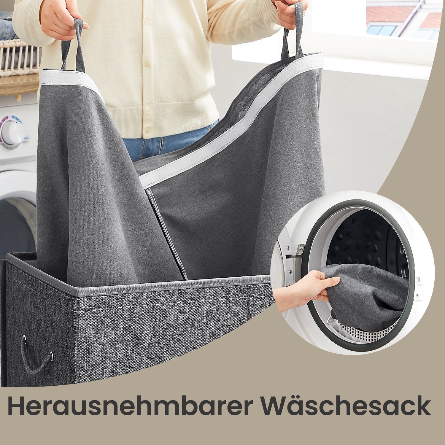 Foldable Laundry Basket – Linen Look Fabric – Dark Grey – 142L Dual-Compartment with Magnetic Lid and Removable Liner