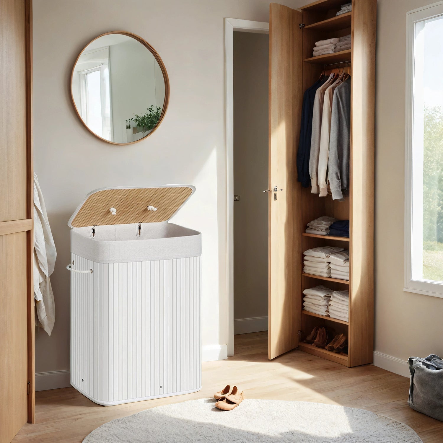 Laundry Hamper – Bamboo – White – Foldable with Lid and 3 Handles, 72 L Capacity