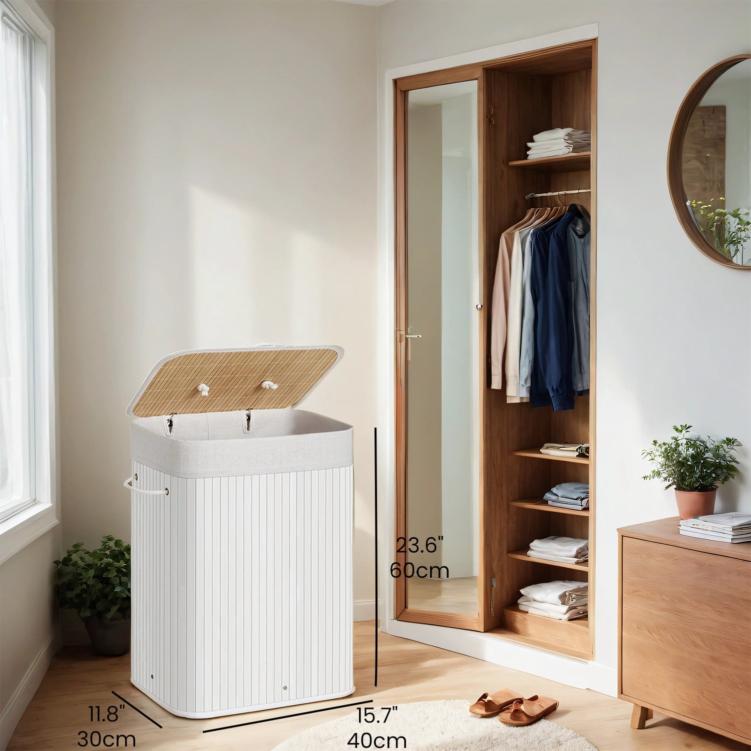 Laundry Hamper – Bamboo – White – Foldable with Lid and 3 Handles, 72 L Capacity