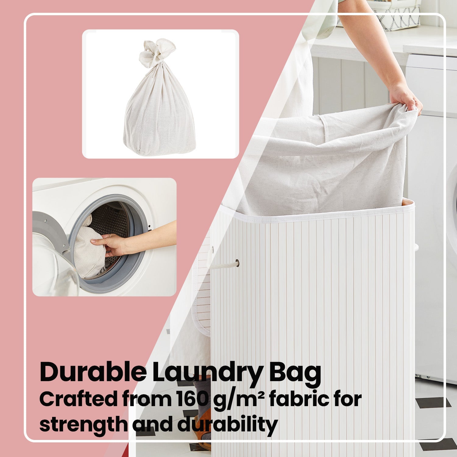 Laundry Hamper – Bamboo – White – Foldable with Lid and 3 Handles, 72 L Capacity