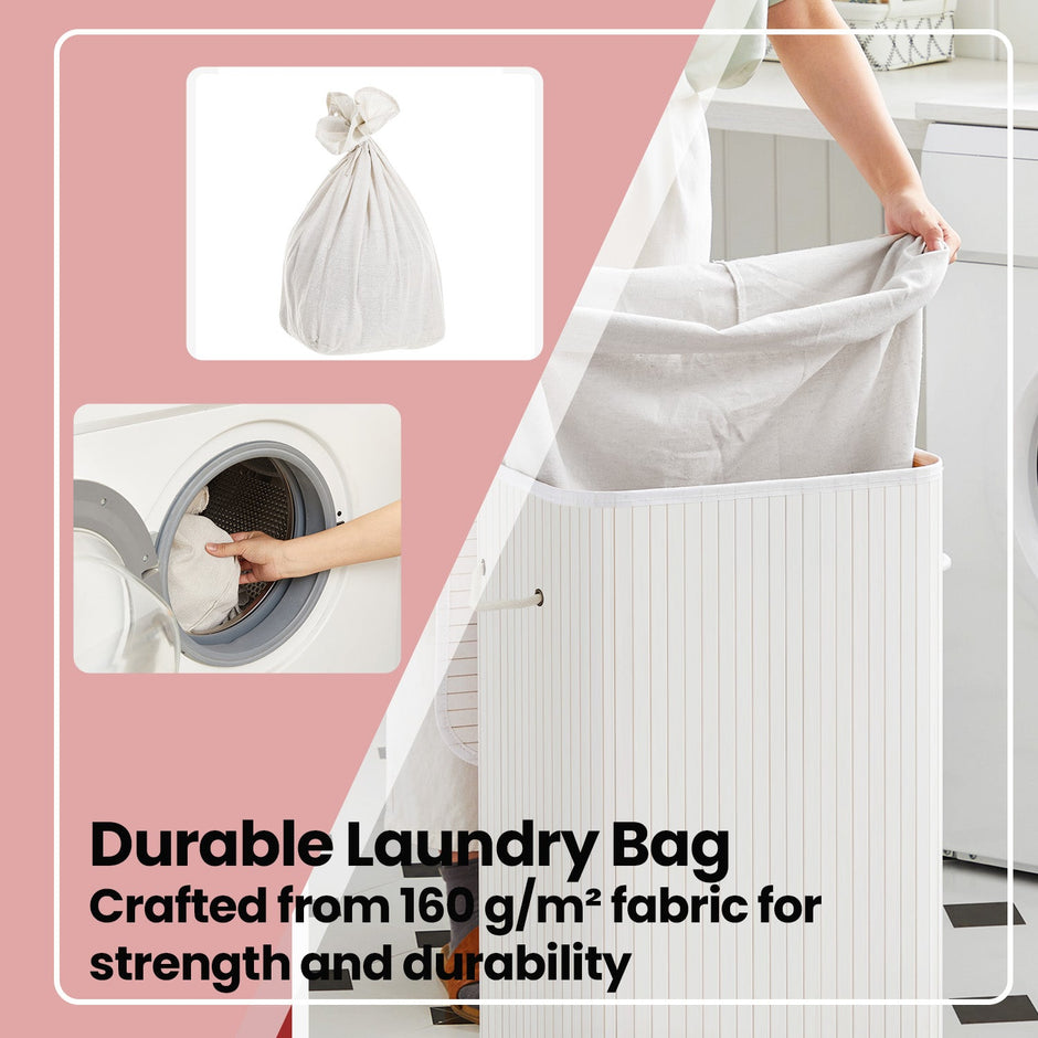 Laundry Hamper – Bamboo – White – Foldable with Lid and 3 Handles, 72 L Capacity