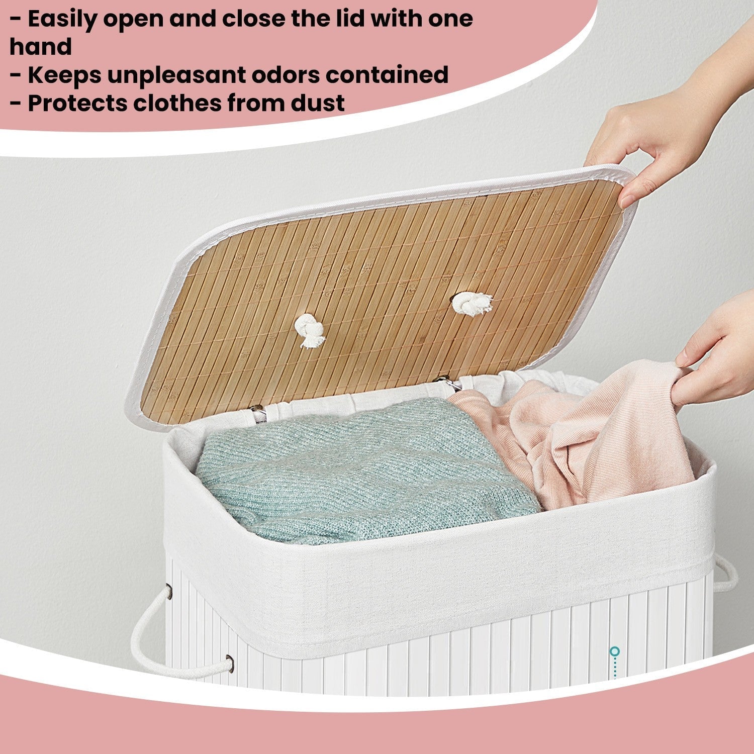 Laundry Hamper – Bamboo – White – Foldable with Lid and 3 Handles, 72 L Capacity