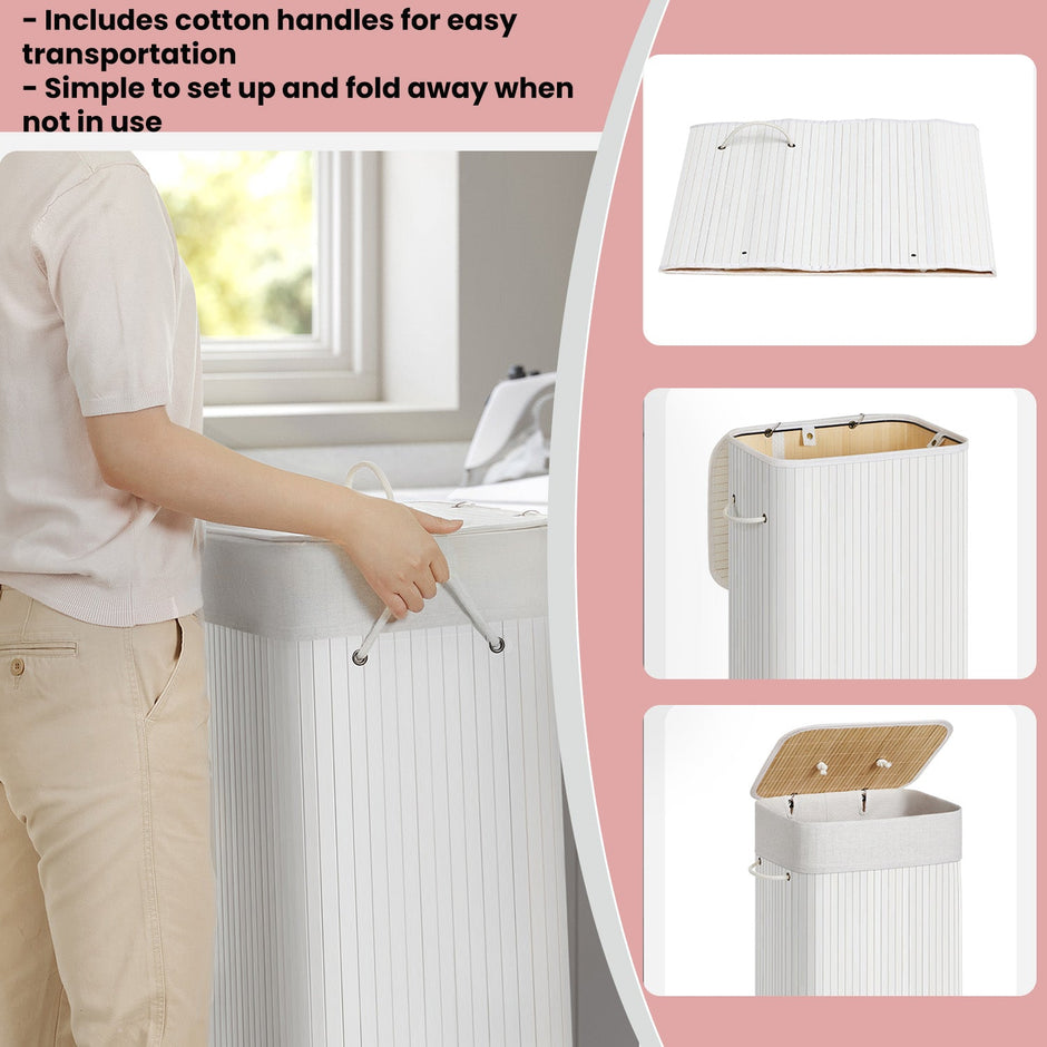 Laundry Hamper – Bamboo – White – Foldable with Lid and 3 Handles, 72 L Capacity