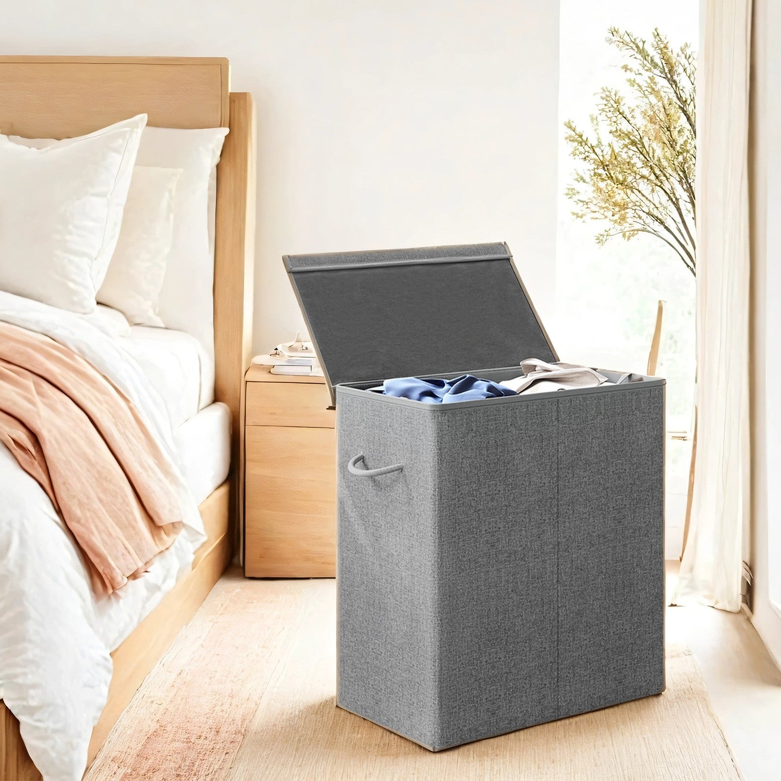 Foldable Laundry Basket – Linenette Fabric – Grey – 142L Dual-Compartment with Magnetic Lid and Removable Liner