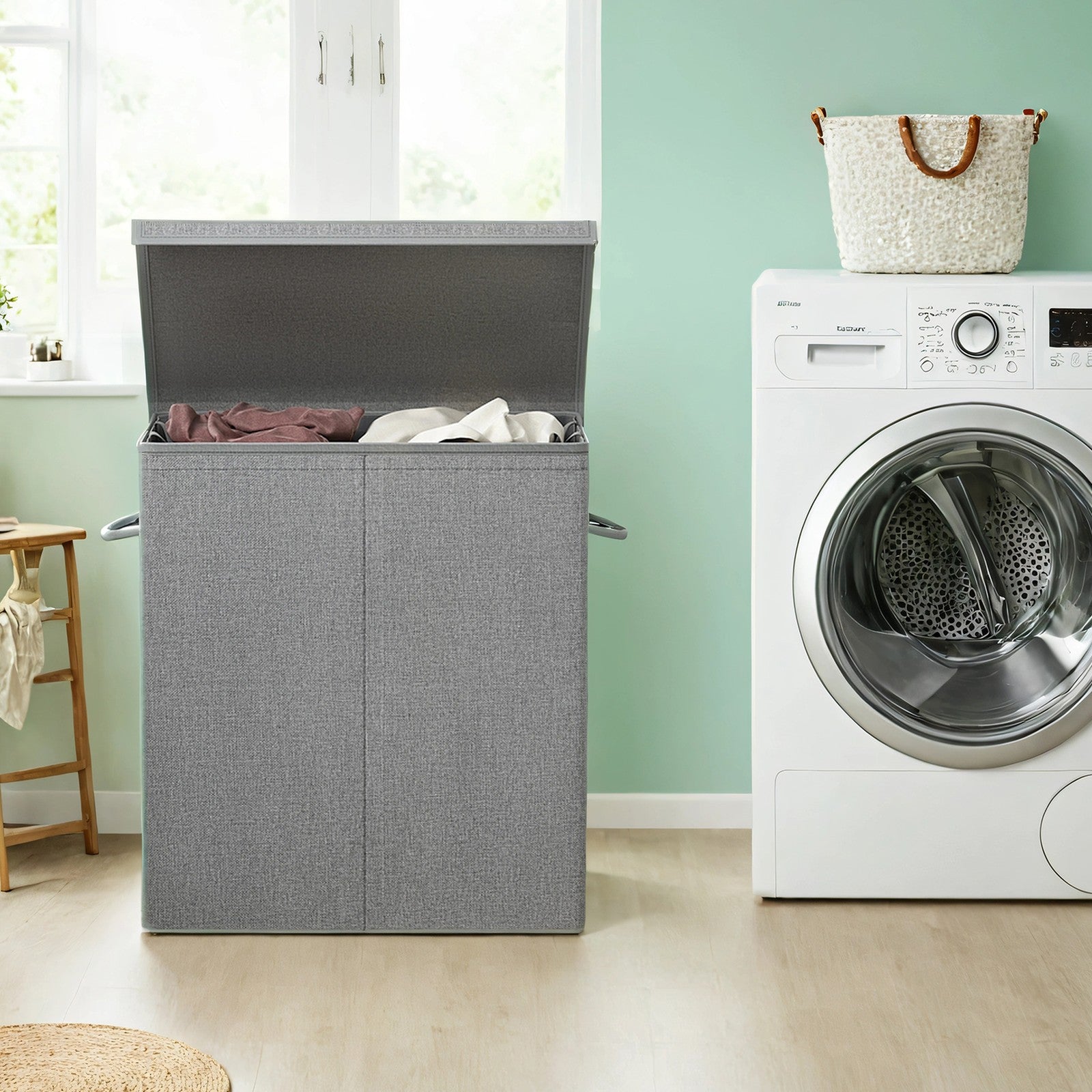 Foldable Laundry Basket – Linenette Fabric – Grey – 142L Dual-Compartment with Magnetic Lid and Removable Liner