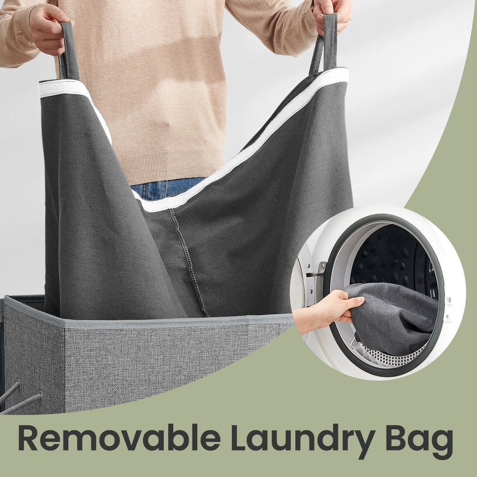 Foldable Laundry Basket – Linenette Fabric – Grey – 142L Dual-Compartment with Magnetic Lid and Removable Liner