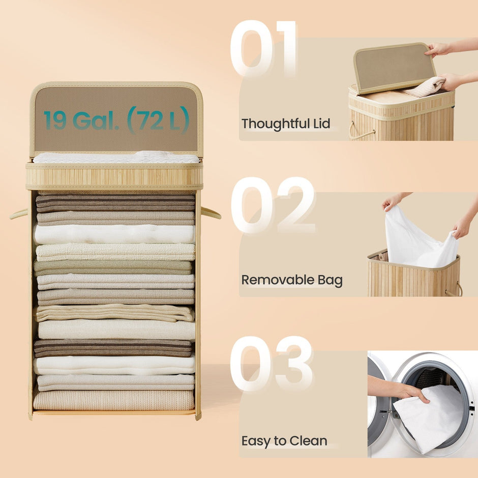 Laundry Hamper – Bamboo – Grey – Removable and Machine Washable with Lid