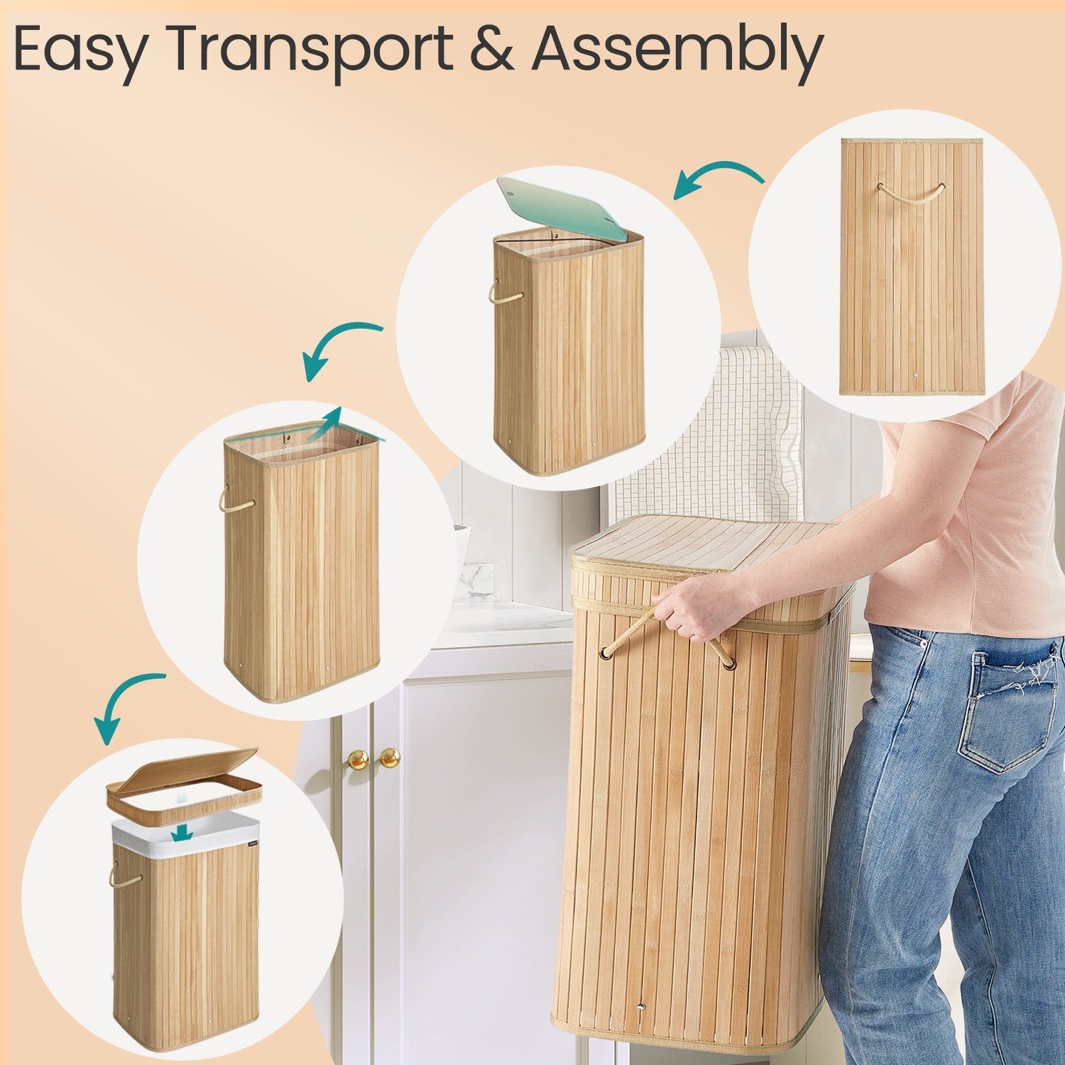 Laundry Hamper – Bamboo – Grey – Removable and Machine Washable with Lid