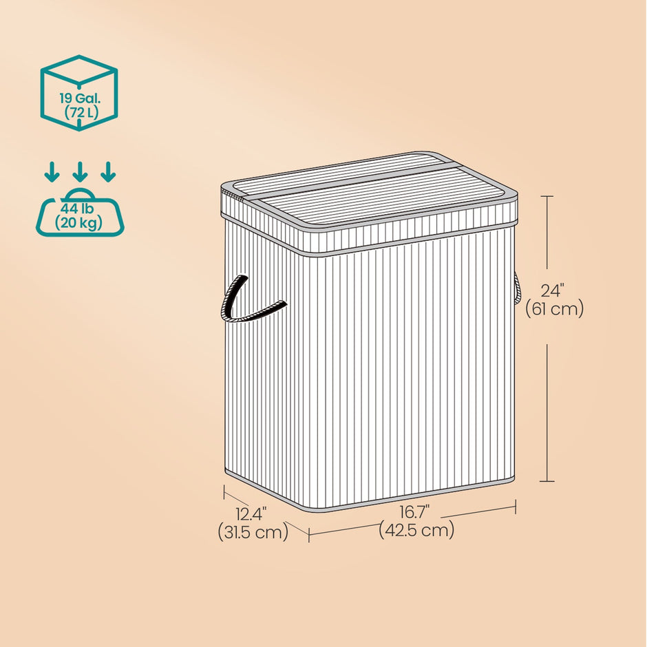 Laundry Hamper – Bamboo – Grey – Removable and Machine Washable with Lid