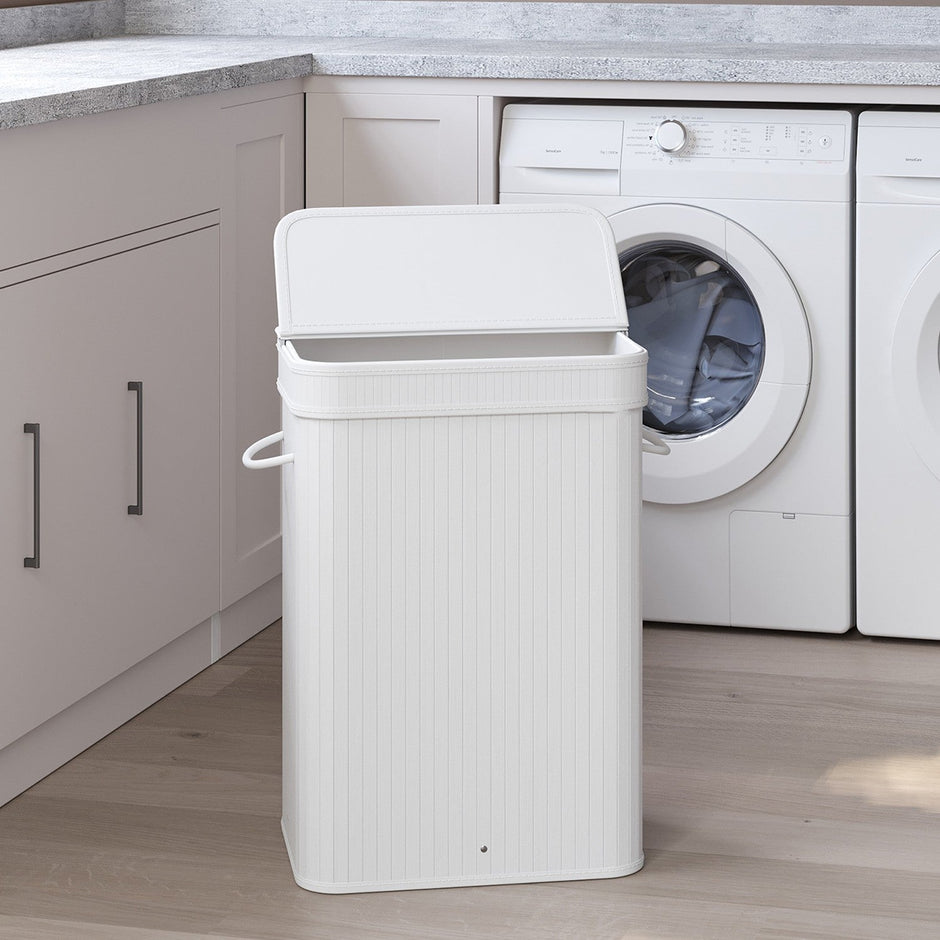 Bamboo Laundry Hamper – 72L – White – With Lid and Handles