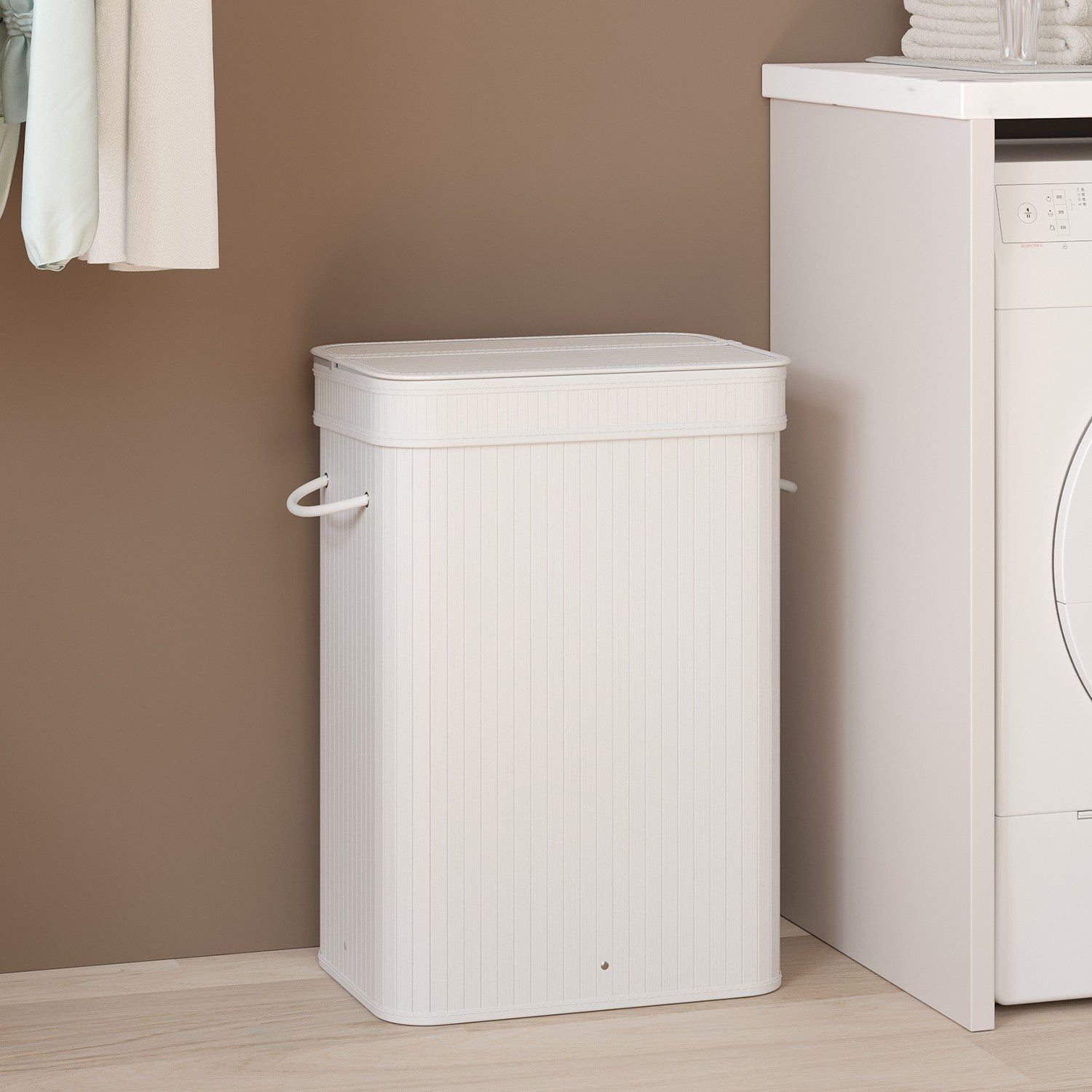 Bamboo Laundry Hamper – 72L – White – With Lid and Handles