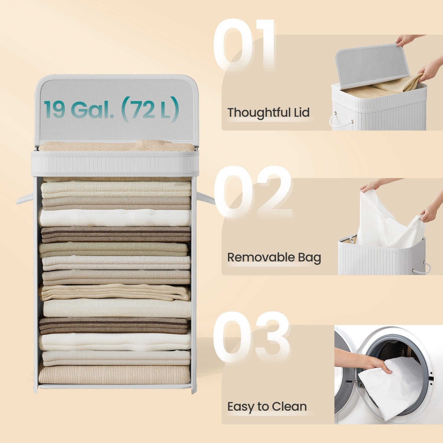 Bamboo Laundry Hamper – 72L – White – With Lid and Handles