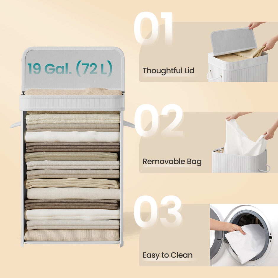 Bamboo Laundry Hamper – 72L – White – With Lid and Handles